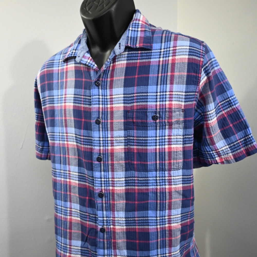 Tommy Bahama Button Up Mens Large Blue Plaid Short Sleeve Marlin Logo Shirt